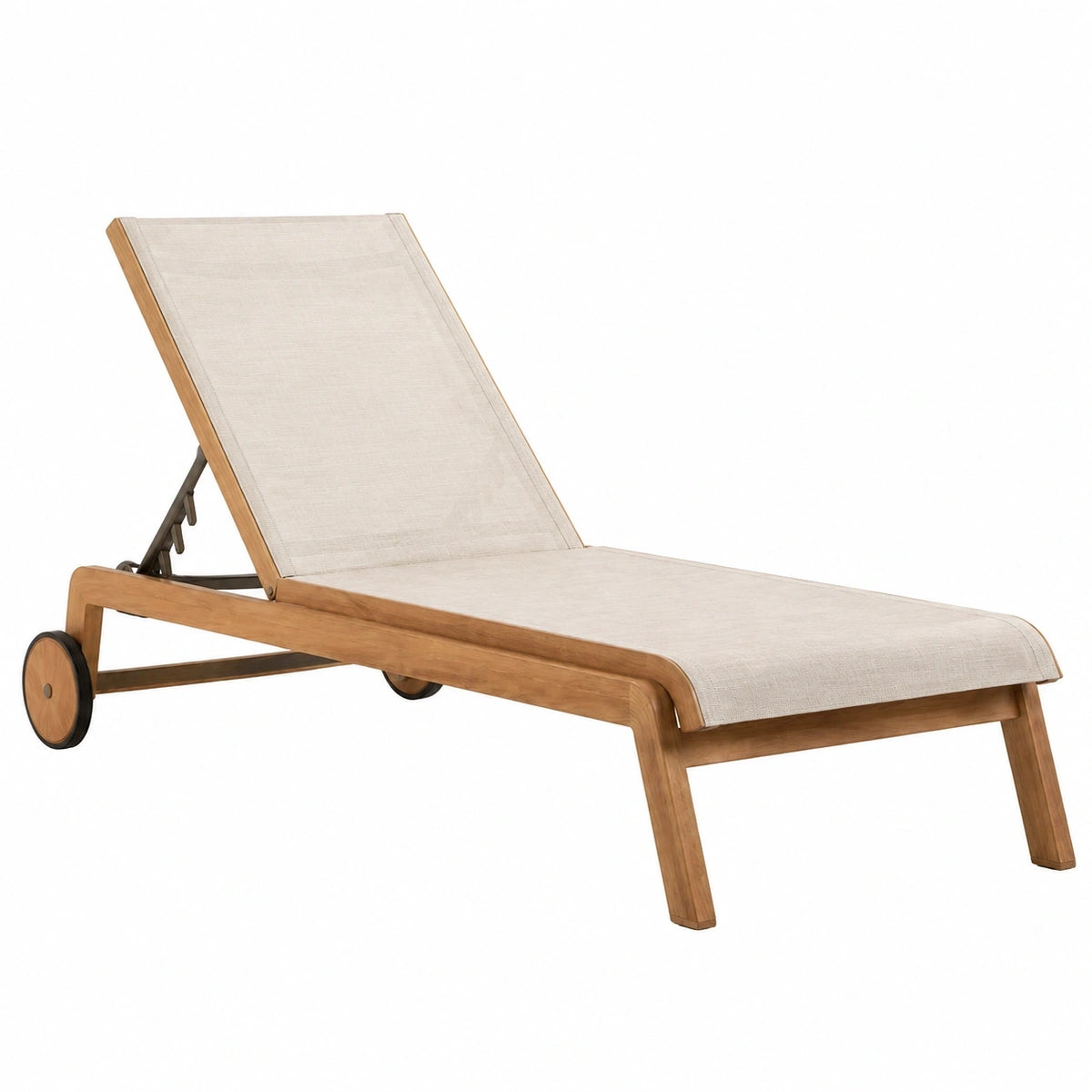 Bain de soleil 200 x 70 cm en bois et textile beige avec dossier réglable et roulettes