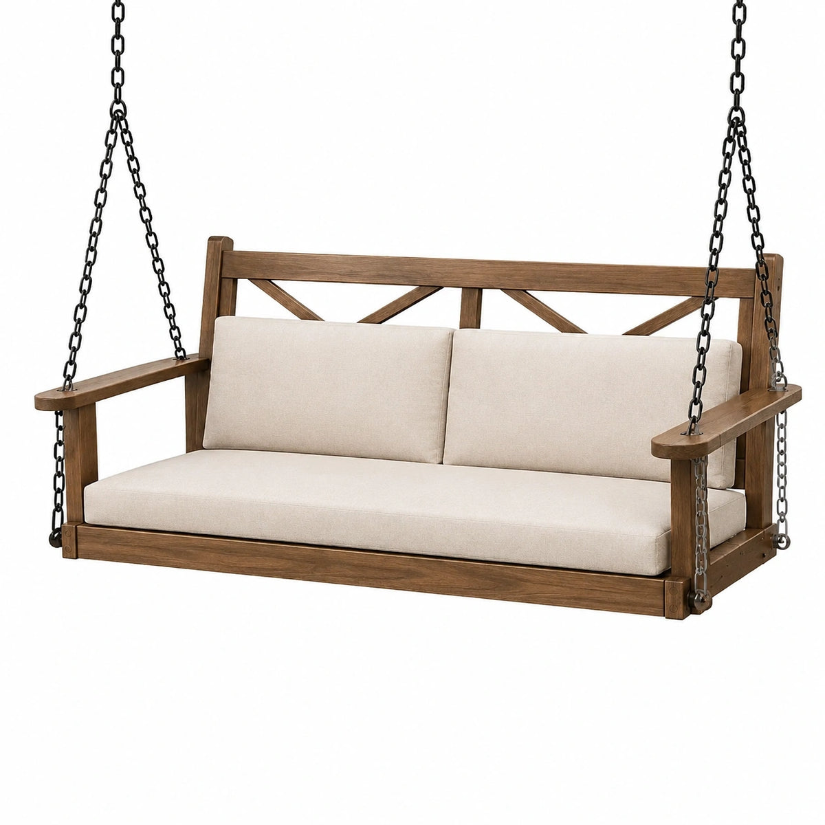Balancelle de jardin suspendue 150 cm en bois marron avec assise beige style rustique