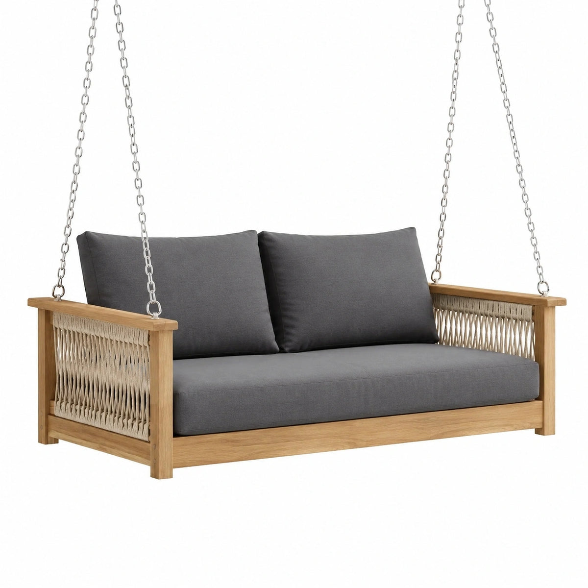 Canapé balancelle suspendu 2 places 140 x 70 x 65 cm en bois naturel gris style bohème extérieur