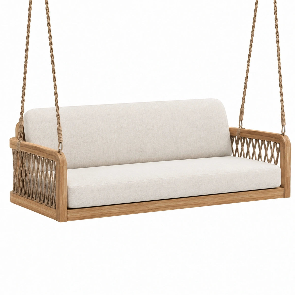 Balancelle canapé 2 places 160 cm en bois et corde beige style naturel suspendu extérieur