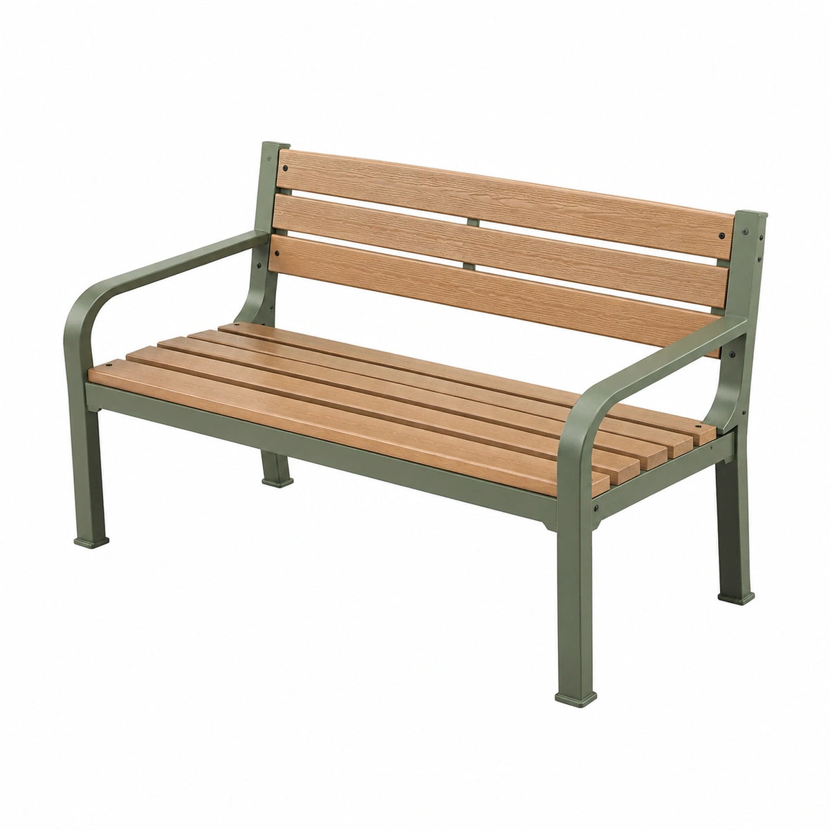 Banc de jardin 120 x 60 x 85 cm en métal et lames effet bois marron vert avec accoudoirs