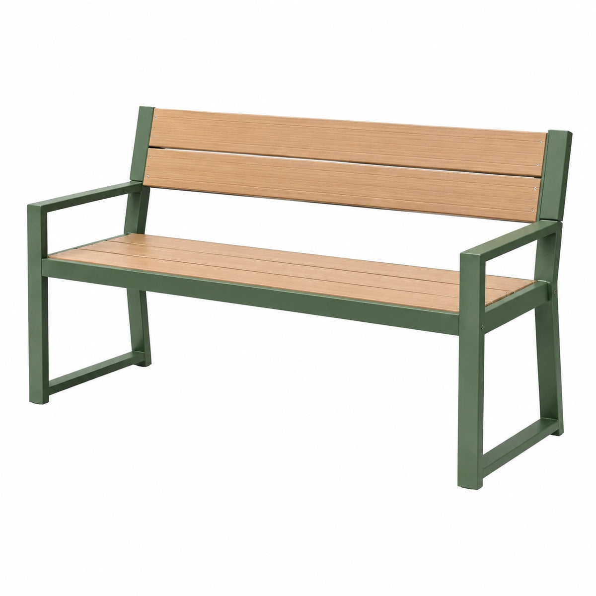 Banc de jardin 120 cm en acier et bois marron vert avec accoudoirs