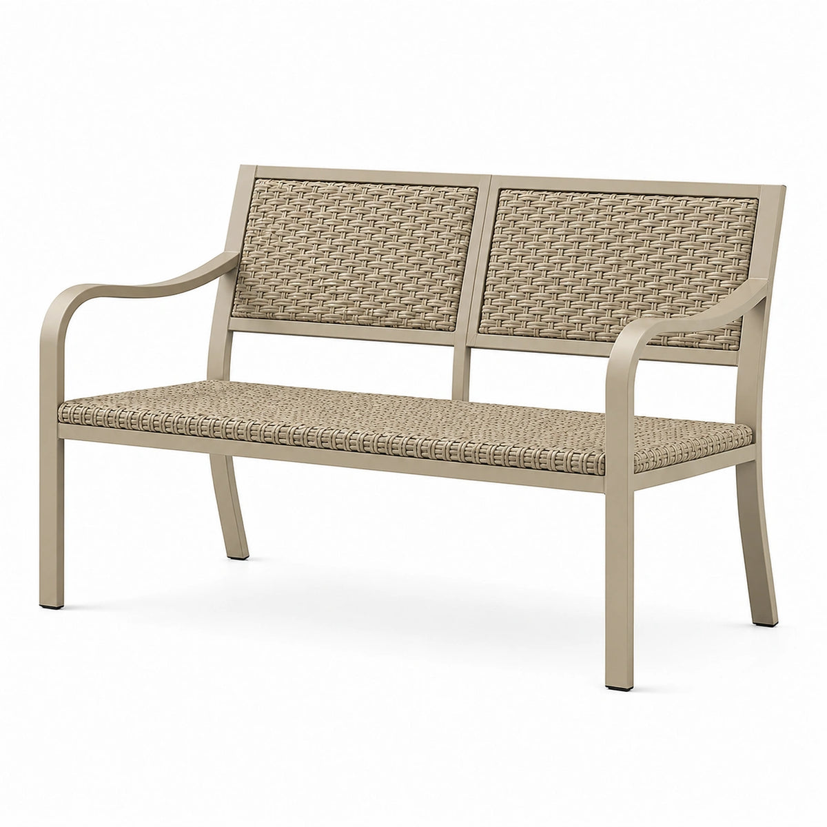 Banc de jardin 122 x 65 x 91 cm en métal et résine tressée beige avec accoudoirs