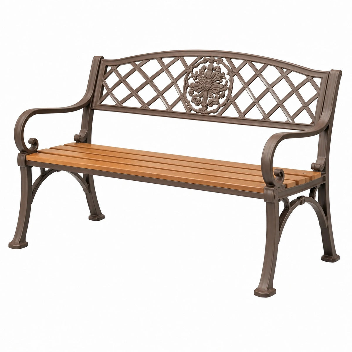 Banc de jardin 122 cm aluminium et bois marron style classique