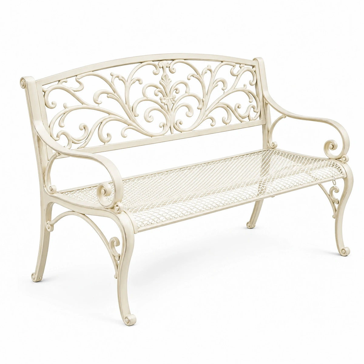 Banc de jardin 120 cm en métal crème style romantique à motifs floraux