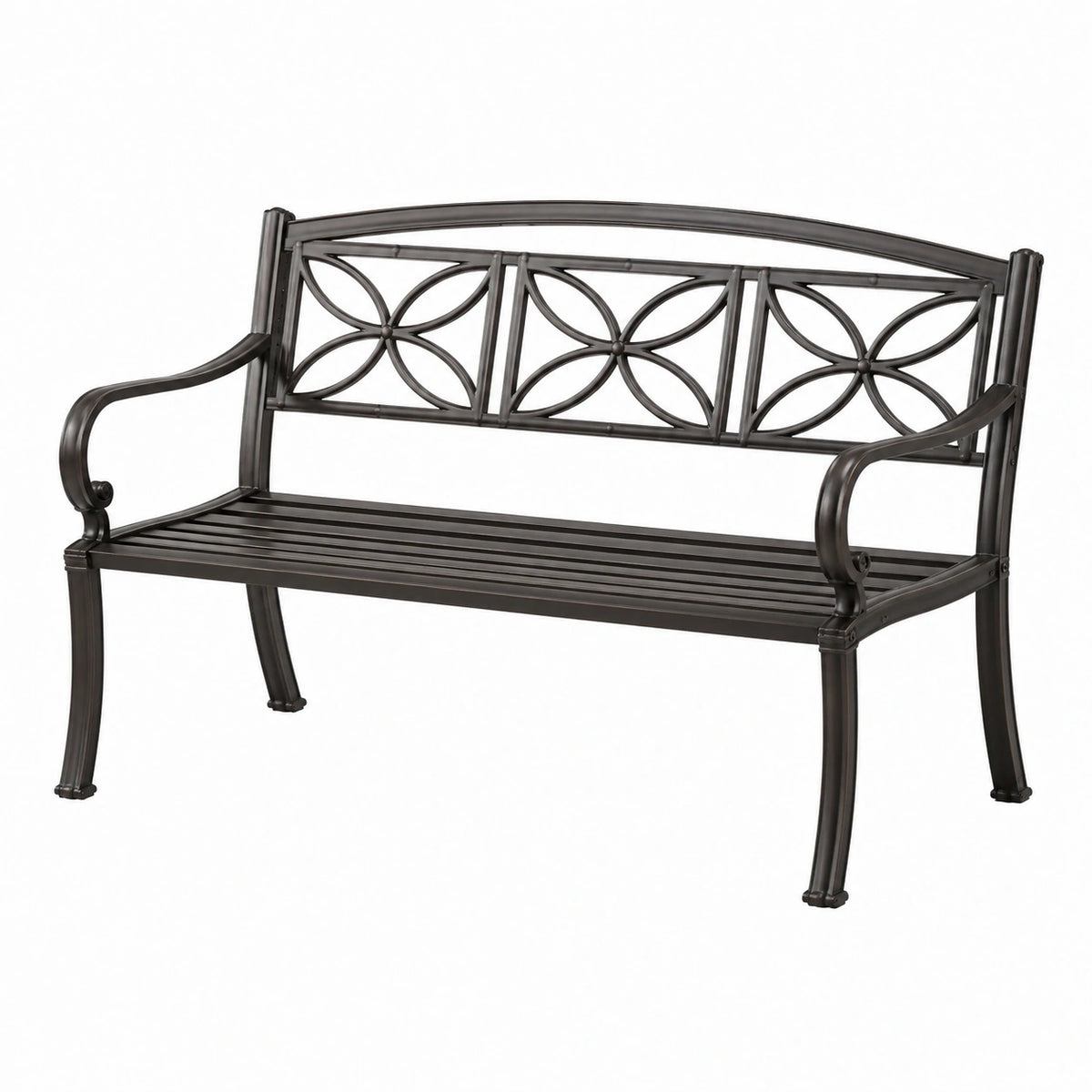 Banc de jardin 125 x 60 x 90 cm en métal noir à dossier décoratif