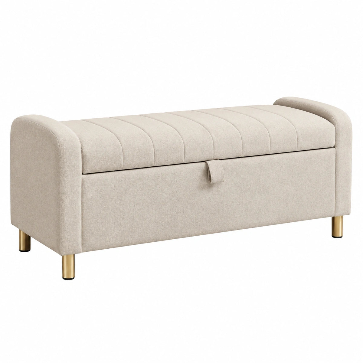 Banc de rangement 120 cm en tissu beige avec pieds métal doré - assise capitonnée