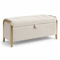 Banc de rangement 100 x 40 x 45 cm en tissu bouclette crème avec cadre métal doré