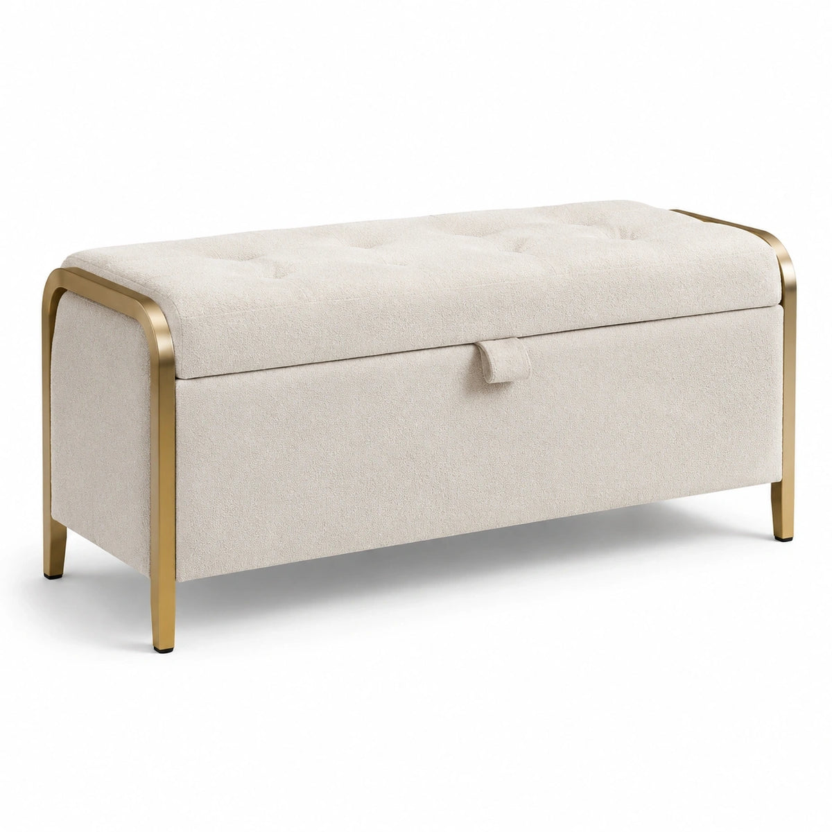 Banc de rangement 100 x 40 x 45 cm en tissu bouclette crème avec cadre métal doré
