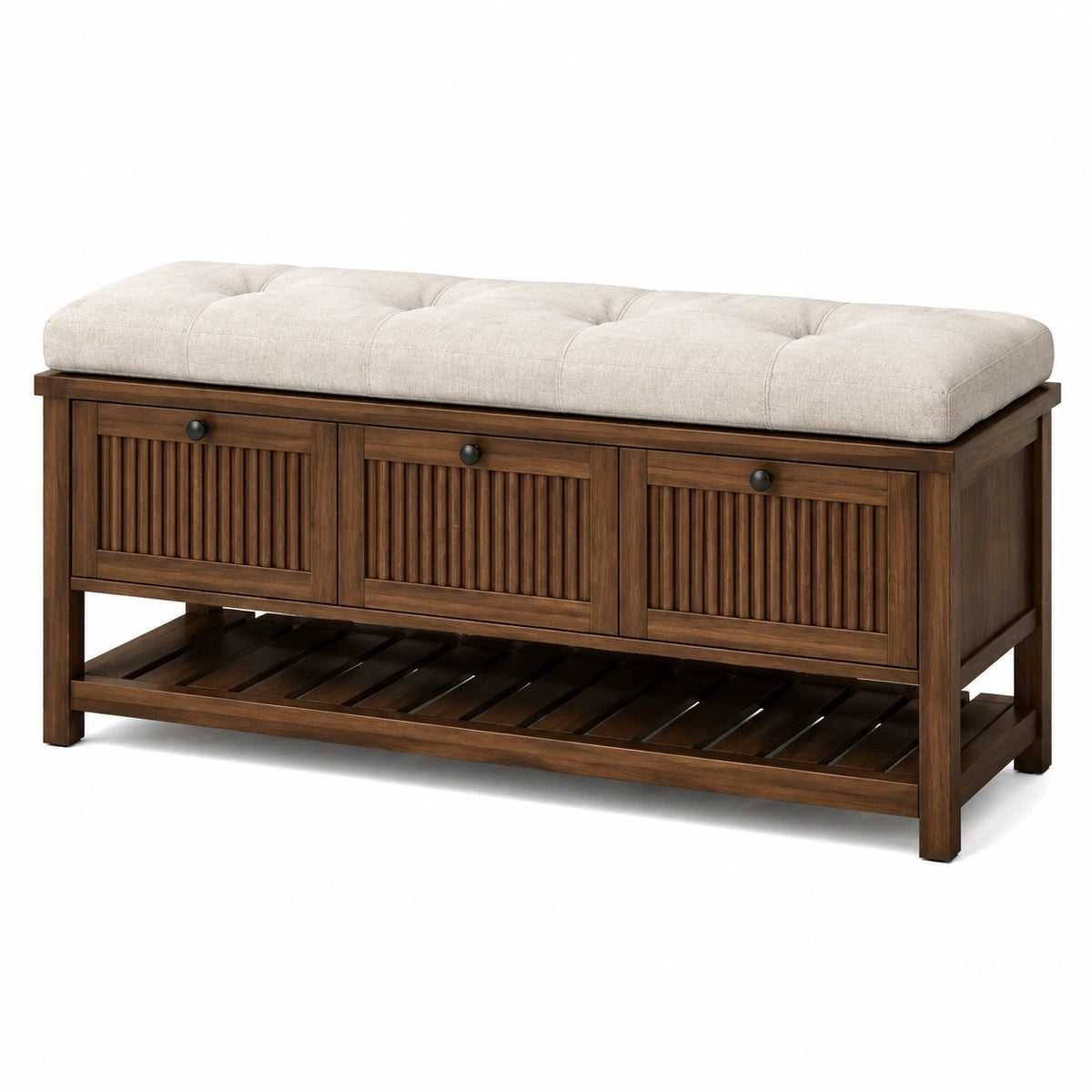 Banc de rangement 120 cm en bois brun avec assise capitonnée beige et 3 tiroirs