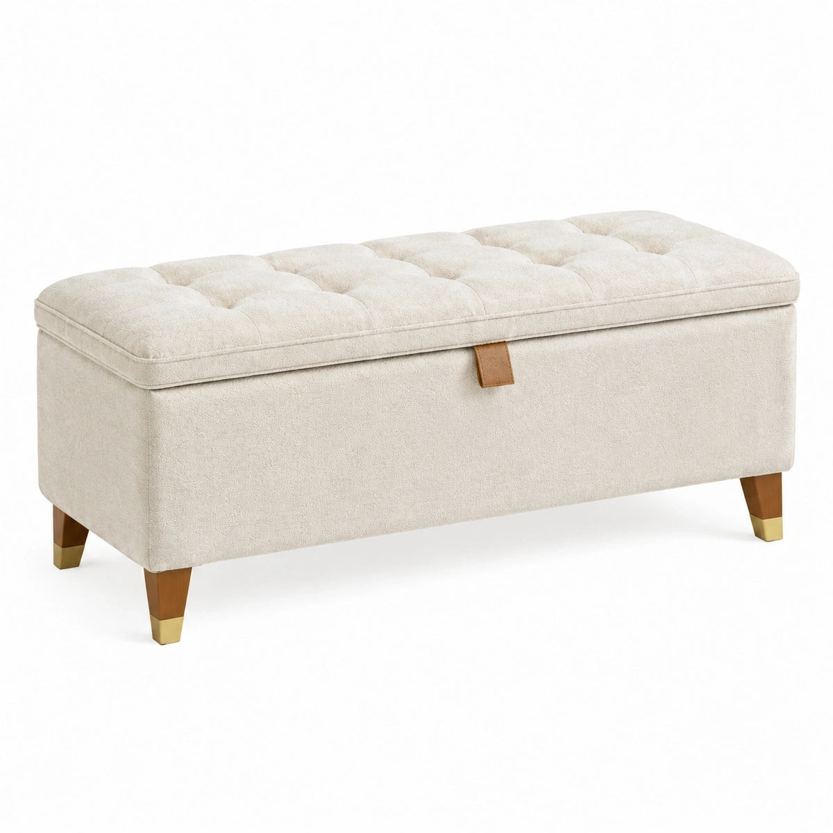 Banc coffre de rangement 120 x 45 x 48 cm tissu beige pieds en bois capitonné