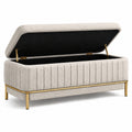 Banc coffre de rangement 120 cm en tissu bouclette beige avec piètement métal doré
