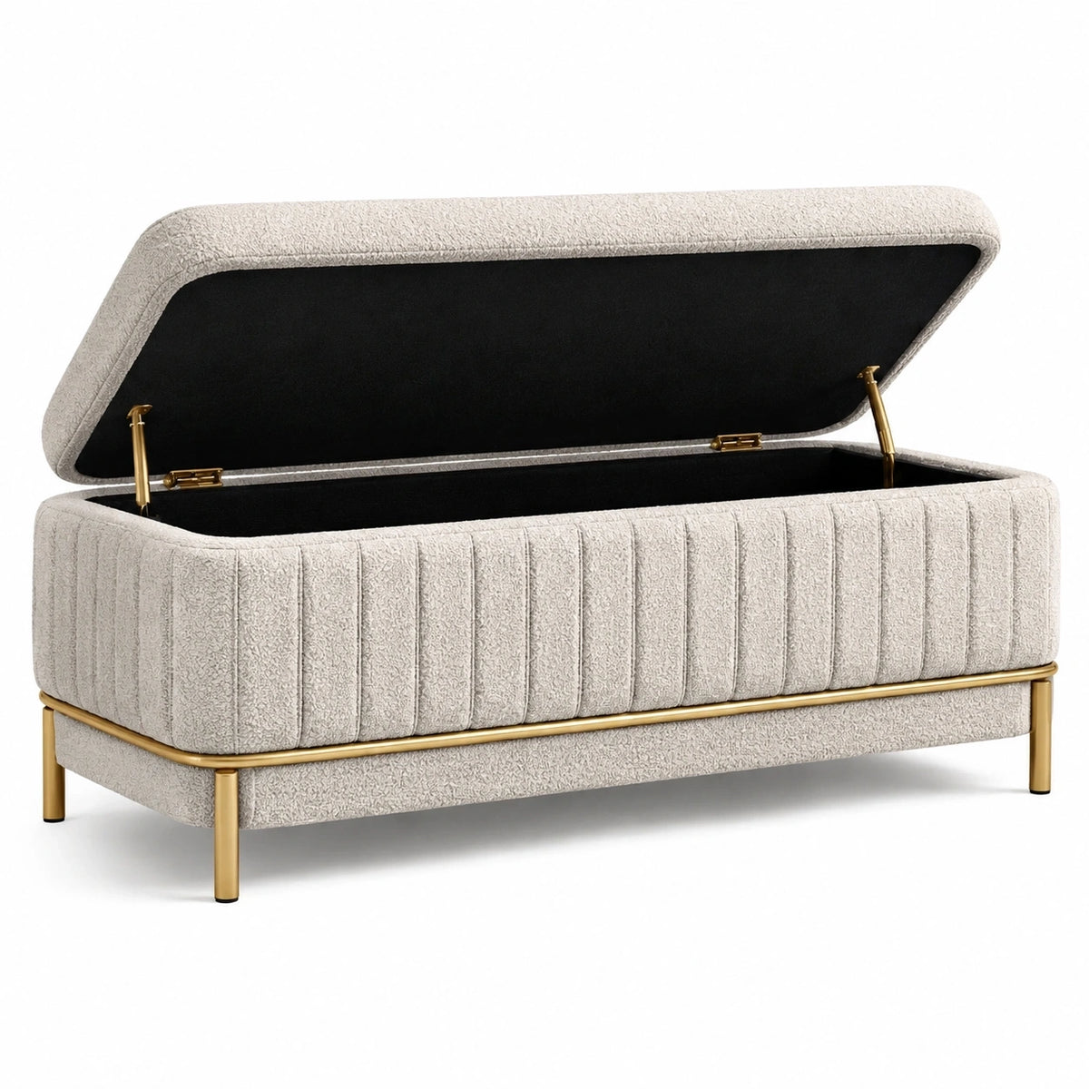 Banc coffre de rangement 120 cm en tissu bouclette beige avec piètement métal doré
