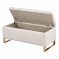 Coffre de rangement 100 x 40 x 45 cm tissu beige pieds métal doré style contemporain à couvercle relevable