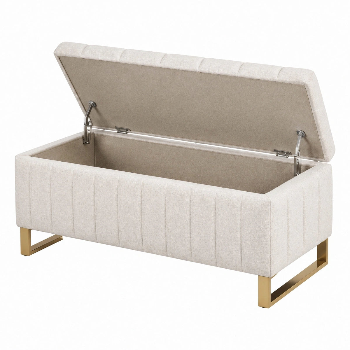 Coffre de rangement 100 x 40 x 45 cm tissu beige pieds métal doré style contemporain à couvercle relevable