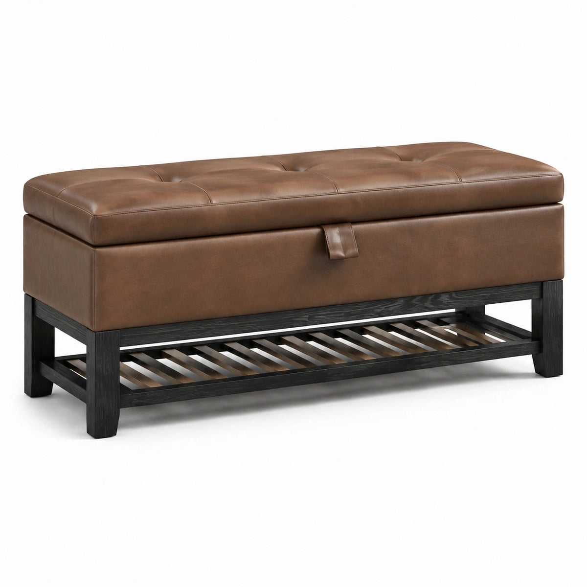 Banc de rangement 120 x 45 x 50 cm en revêtement aspect cuir marron avec étagère en bois noir