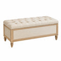 Banc coffre 130 cm en bois et tissu beige capitonné classique