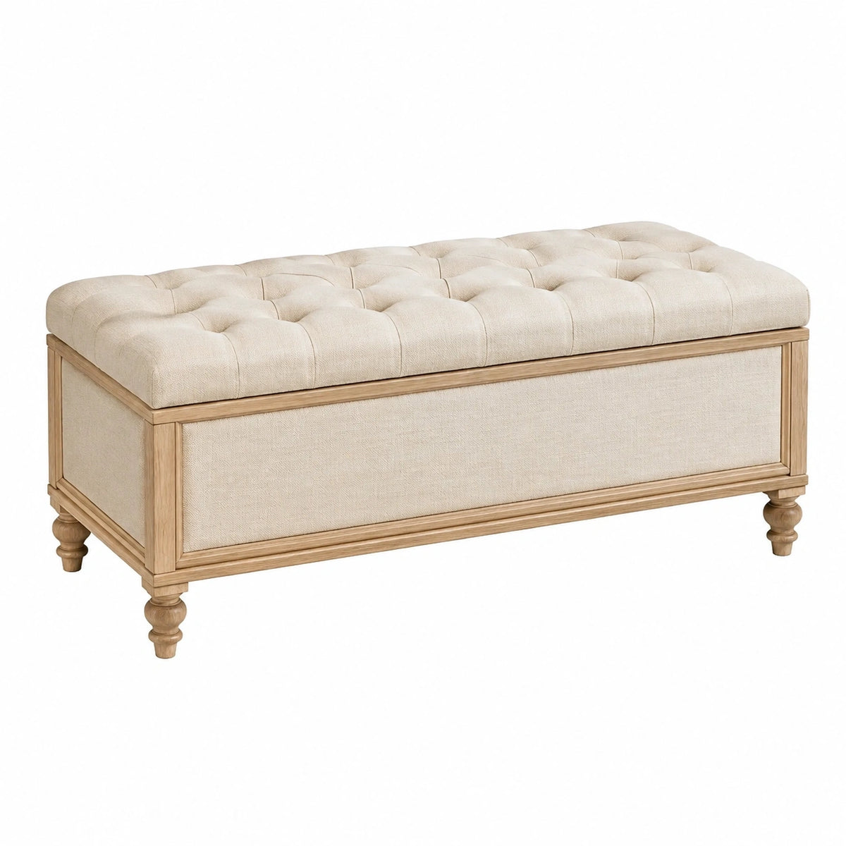 Banc coffre 130 cm en bois et tissu beige capitonné classique
